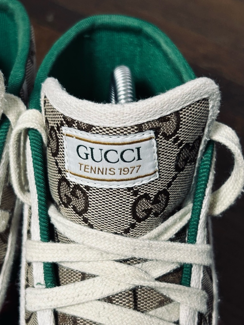 Gucci womens Beige GG Canvas High-Top Sneakers w/Green Interior size 7.5 run big - Picture 3 of 11